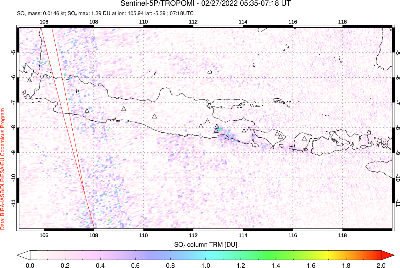 A sulfur dioxide image over Java, Indonesia on Feb 27, 2022.