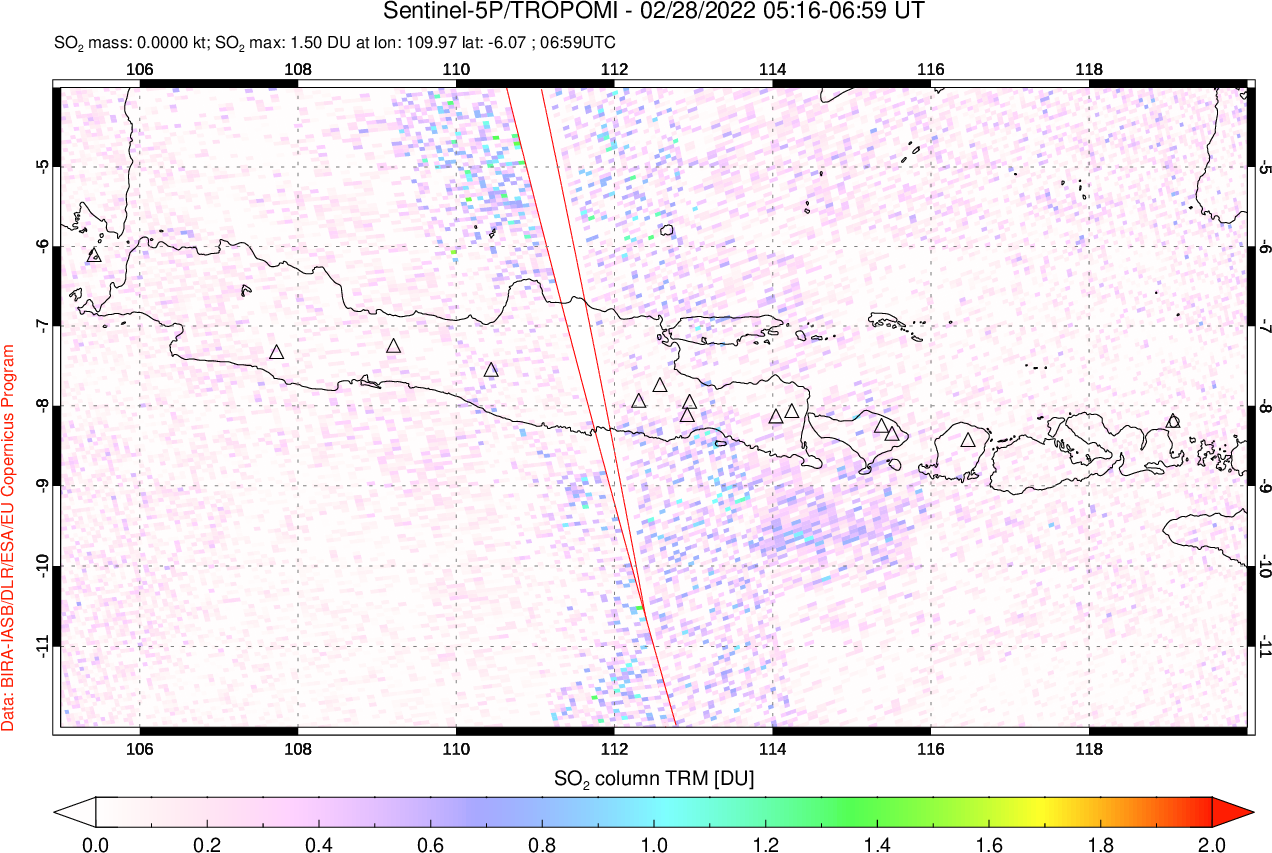 A sulfur dioxide image over Java, Indonesia on Feb 28, 2022.