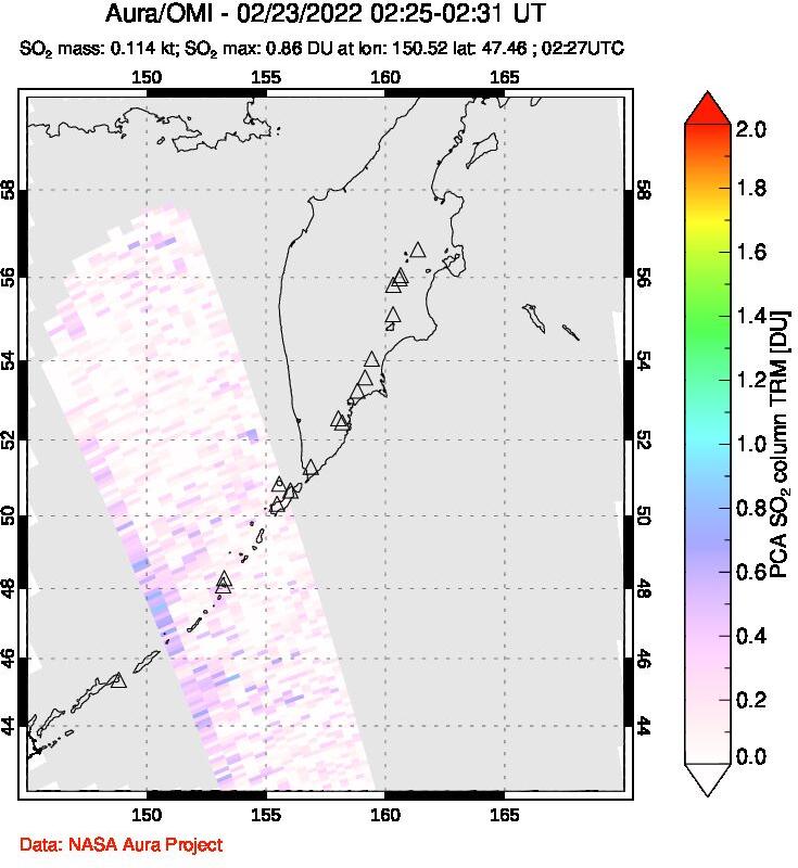 A sulfur dioxide image over Kamchatka, Russian Federation on Feb 23, 2022.
