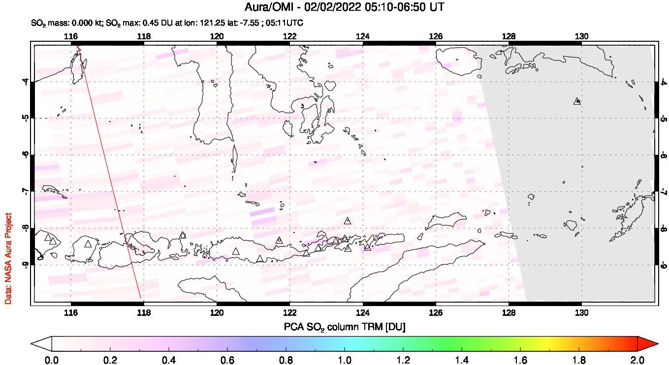A sulfur dioxide image over Lesser Sunda Islands, Indonesia on Feb 02, 2022.
