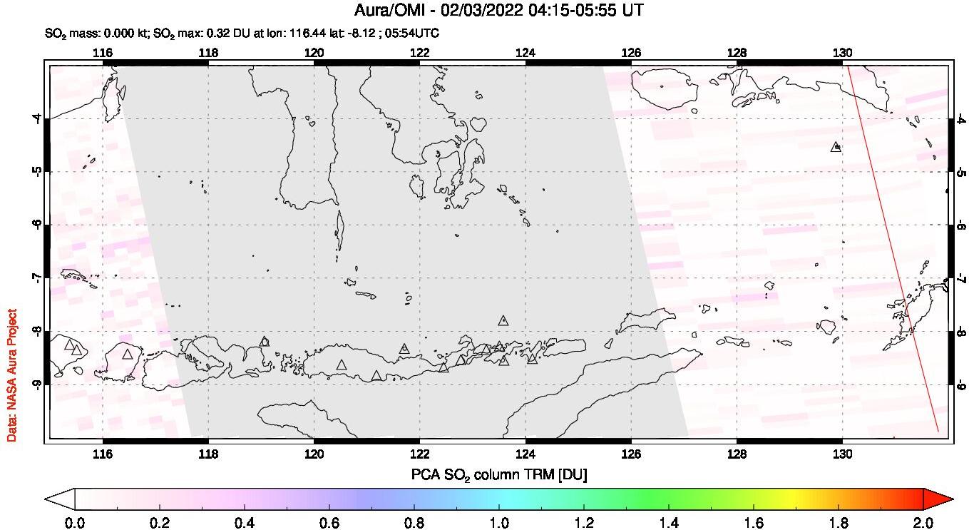 A sulfur dioxide image over Lesser Sunda Islands, Indonesia on Feb 03, 2022.