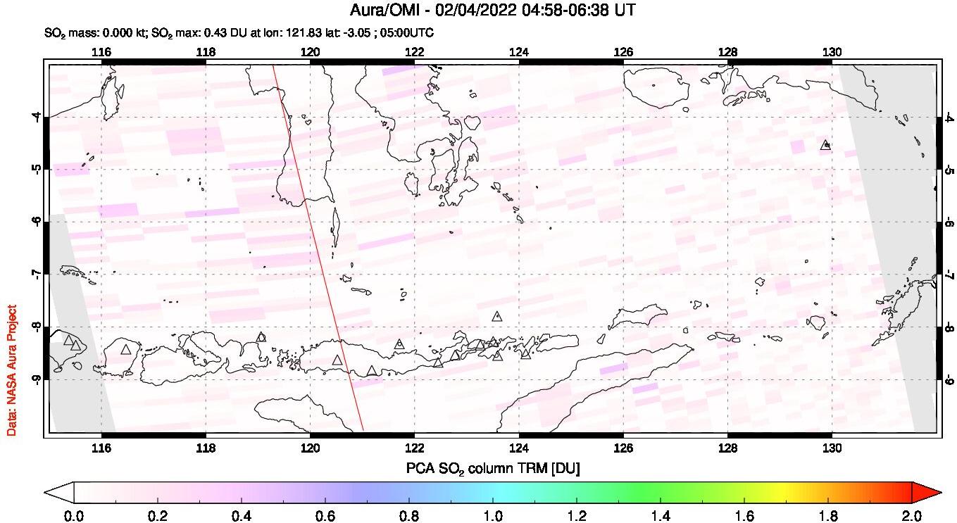 A sulfur dioxide image over Lesser Sunda Islands, Indonesia on Feb 04, 2022.