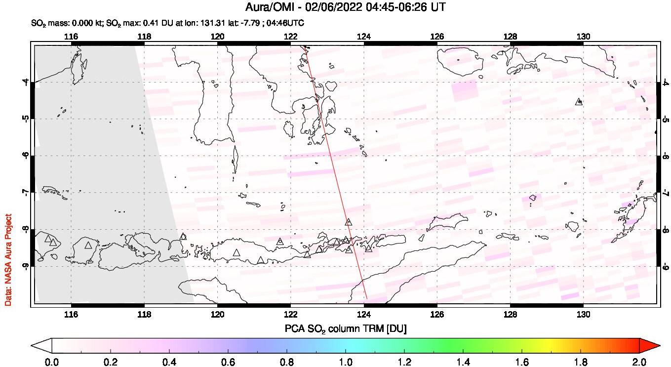 A sulfur dioxide image over Lesser Sunda Islands, Indonesia on Feb 06, 2022.