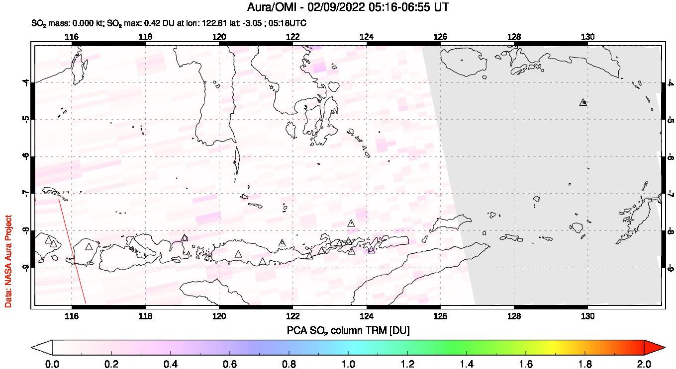 A sulfur dioxide image over Lesser Sunda Islands, Indonesia on Feb 09, 2022.