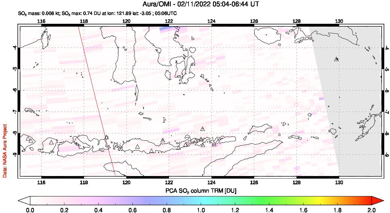 A sulfur dioxide image over Lesser Sunda Islands, Indonesia on Feb 11, 2022.