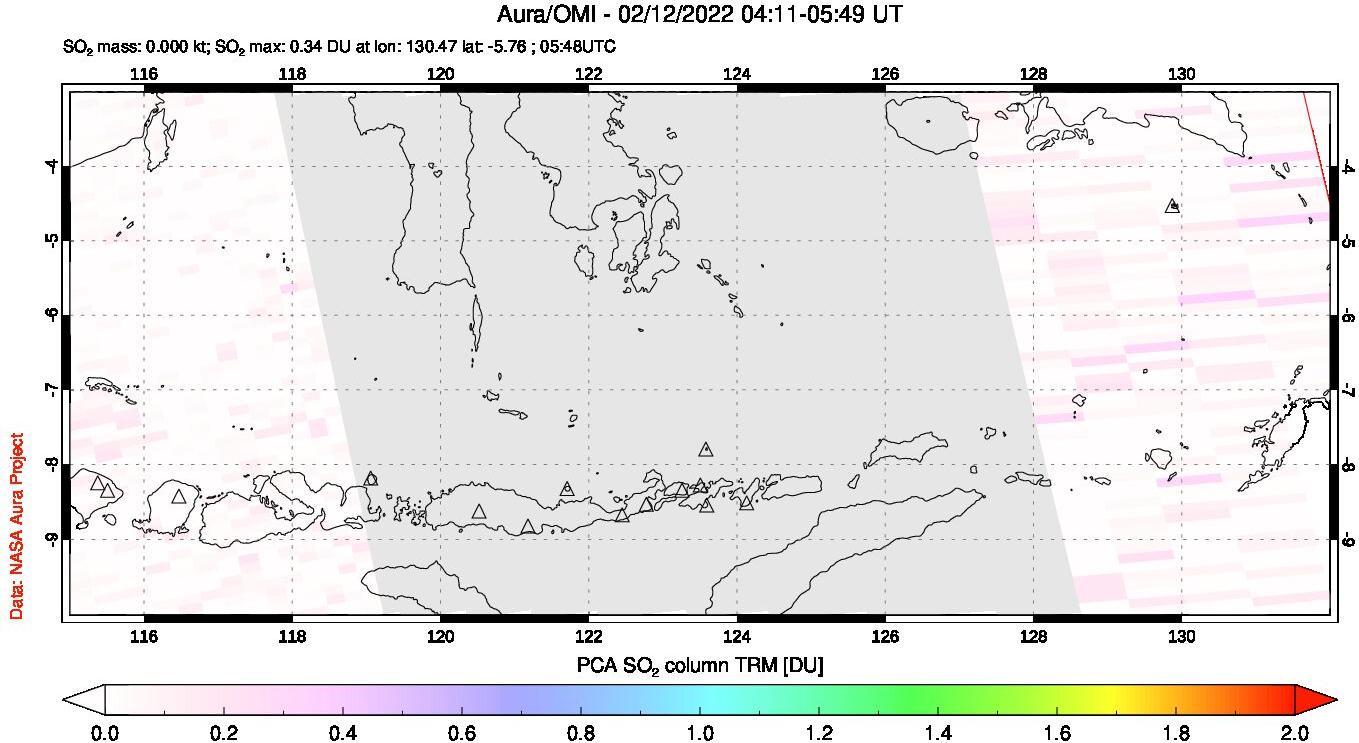 A sulfur dioxide image over Lesser Sunda Islands, Indonesia on Feb 12, 2022.