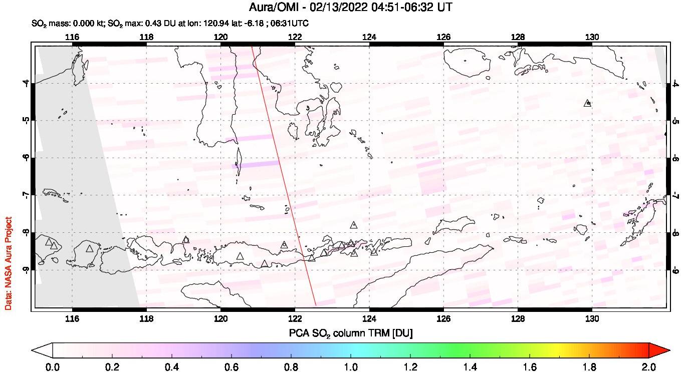 A sulfur dioxide image over Lesser Sunda Islands, Indonesia on Feb 13, 2022.