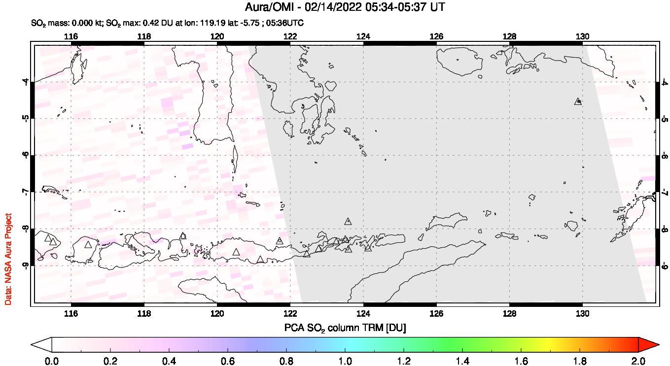 A sulfur dioxide image over Lesser Sunda Islands, Indonesia on Feb 14, 2022.
