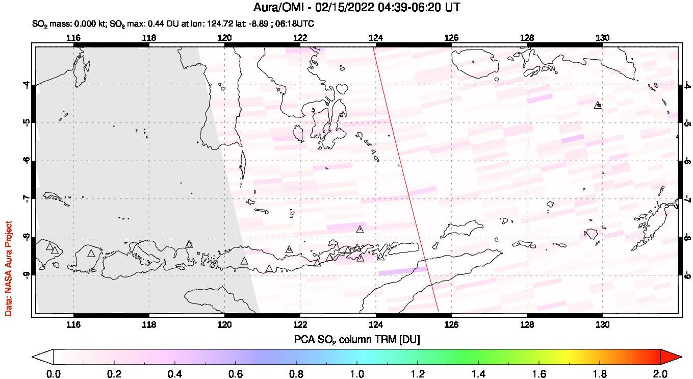 A sulfur dioxide image over Lesser Sunda Islands, Indonesia on Feb 15, 2022.