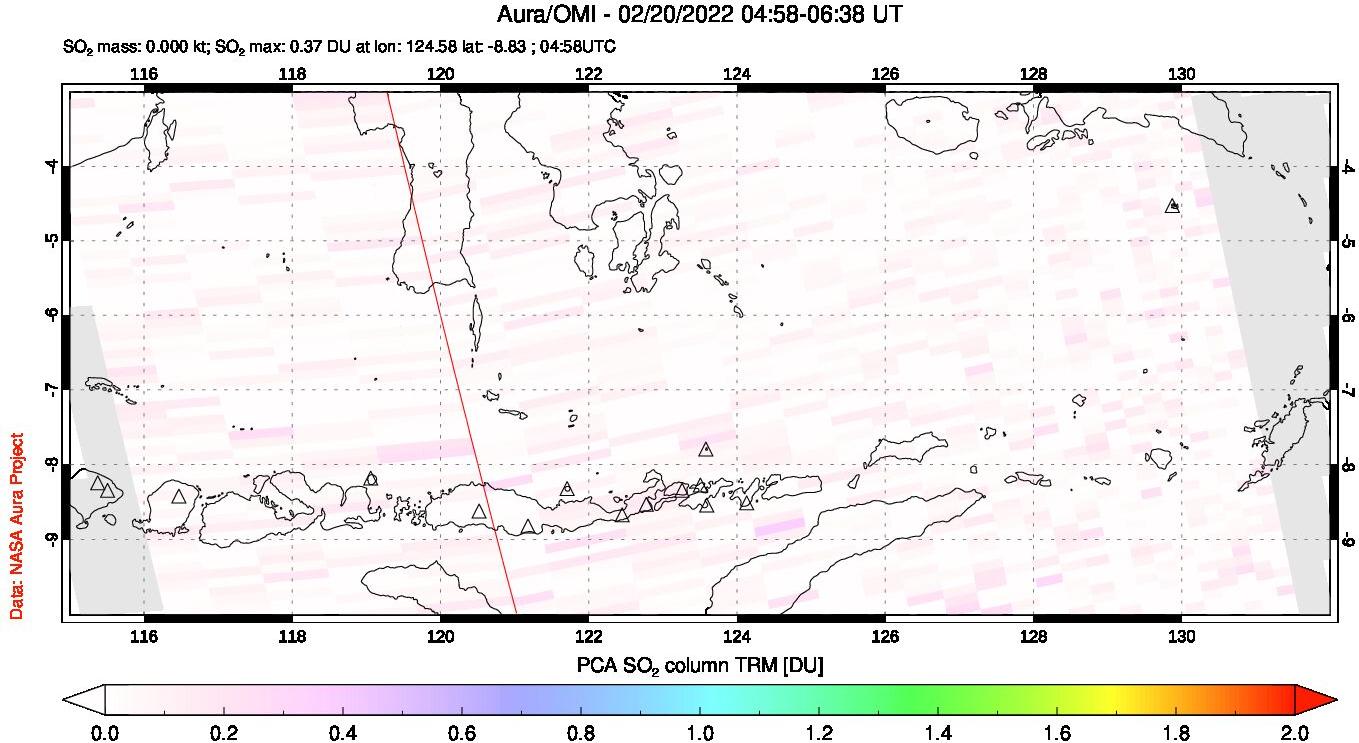 A sulfur dioxide image over Lesser Sunda Islands, Indonesia on Feb 20, 2022.