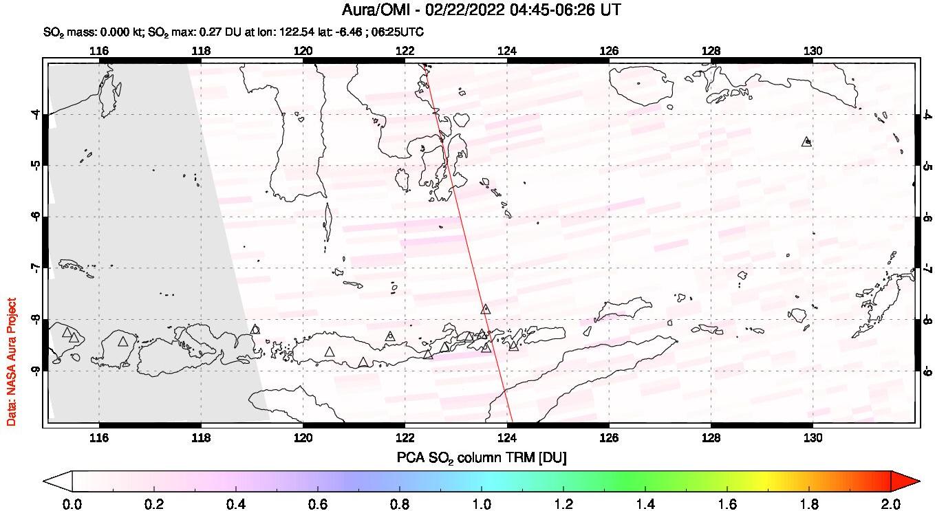 A sulfur dioxide image over Lesser Sunda Islands, Indonesia on Feb 22, 2022.