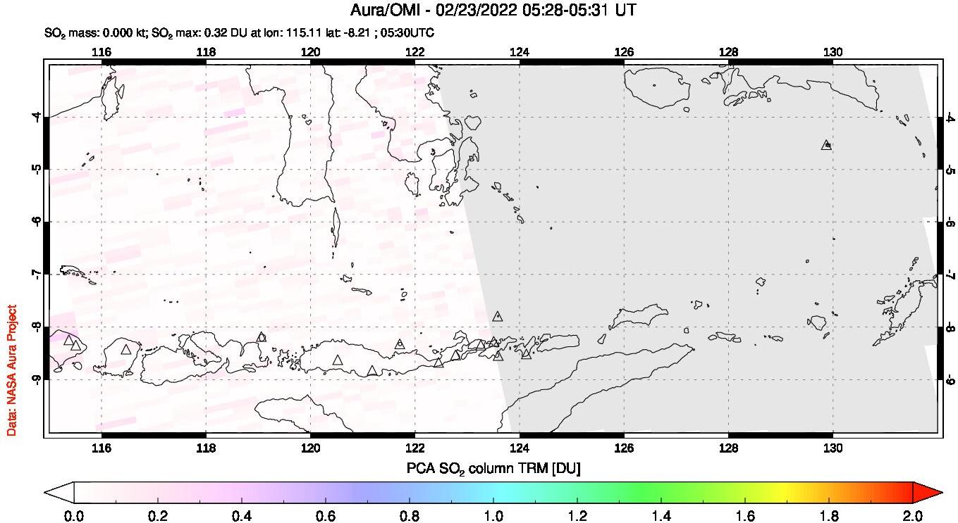 A sulfur dioxide image over Lesser Sunda Islands, Indonesia on Feb 23, 2022.
