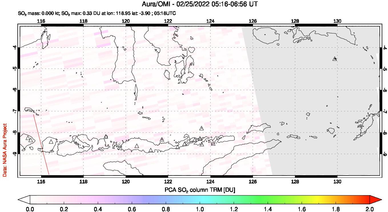 A sulfur dioxide image over Lesser Sunda Islands, Indonesia on Feb 25, 2022.