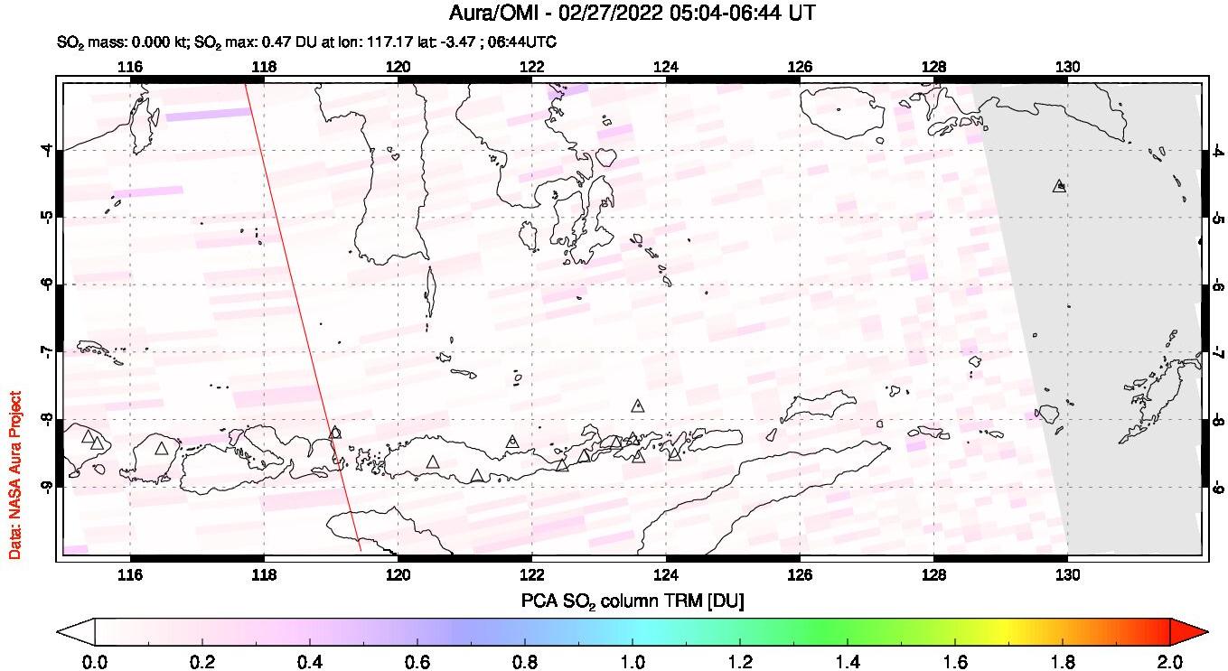 A sulfur dioxide image over Lesser Sunda Islands, Indonesia on Feb 27, 2022.