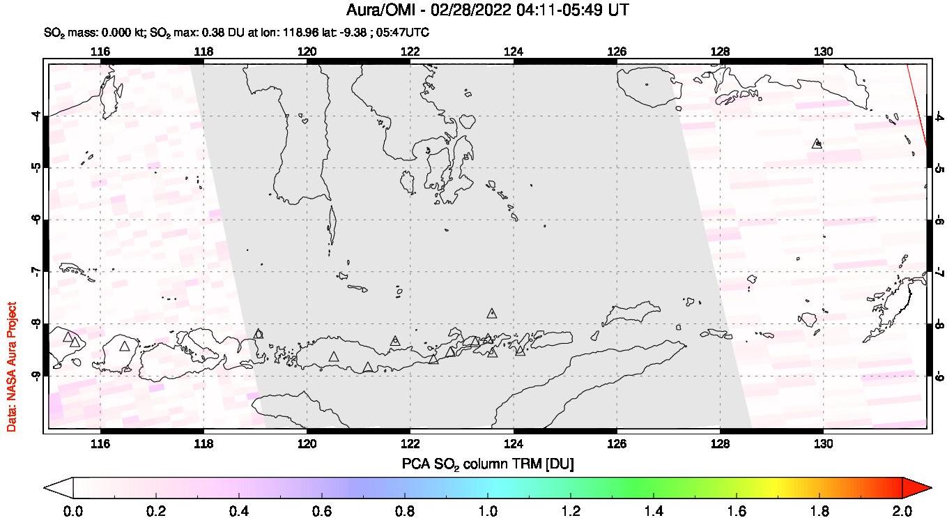 A sulfur dioxide image over Lesser Sunda Islands, Indonesia on Feb 28, 2022.