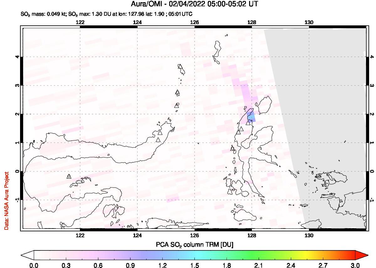 A sulfur dioxide image over Northern Sulawesi & Halmahera, Indonesia on Feb 04, 2022.