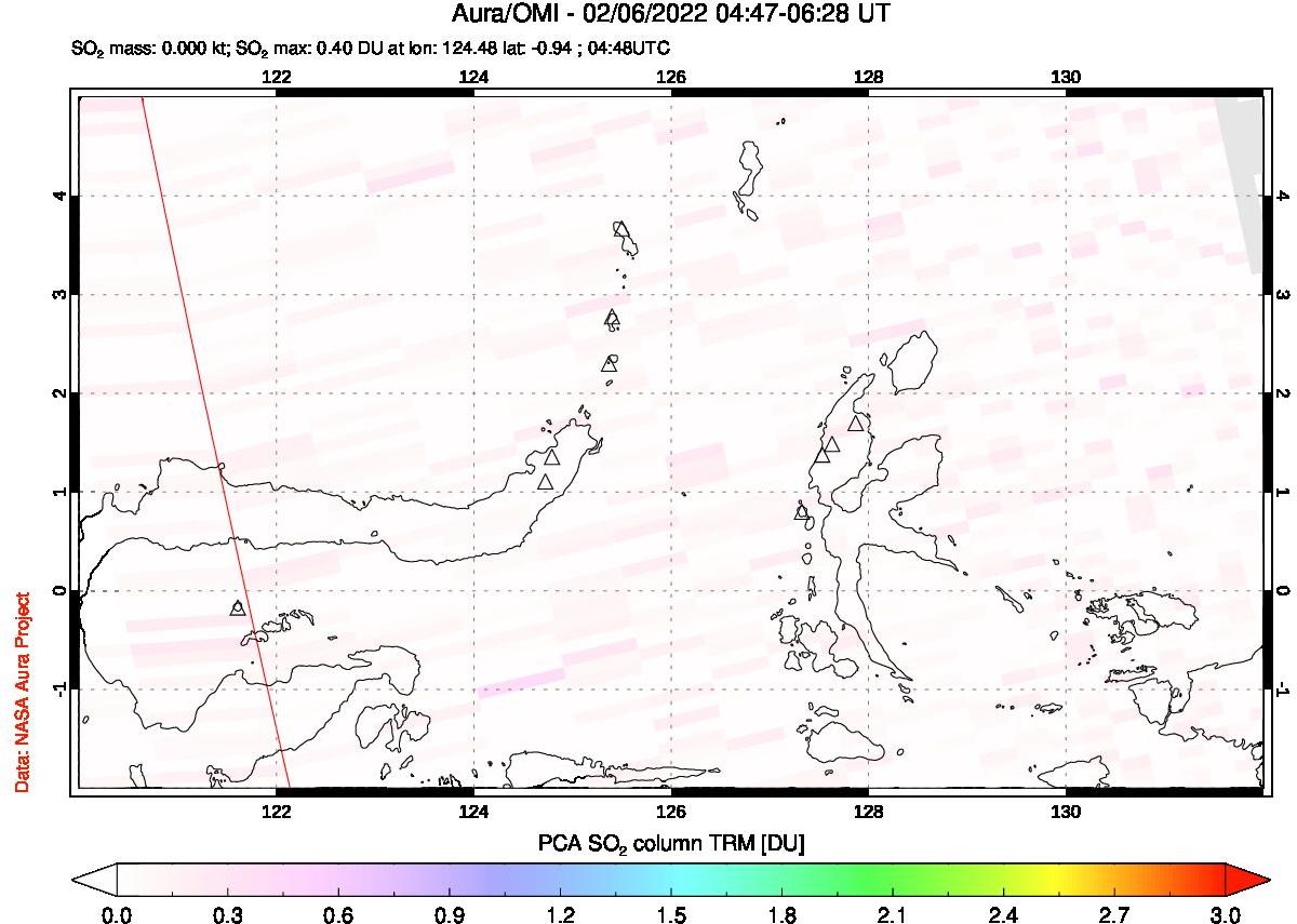 A sulfur dioxide image over Northern Sulawesi & Halmahera, Indonesia on Feb 06, 2022.