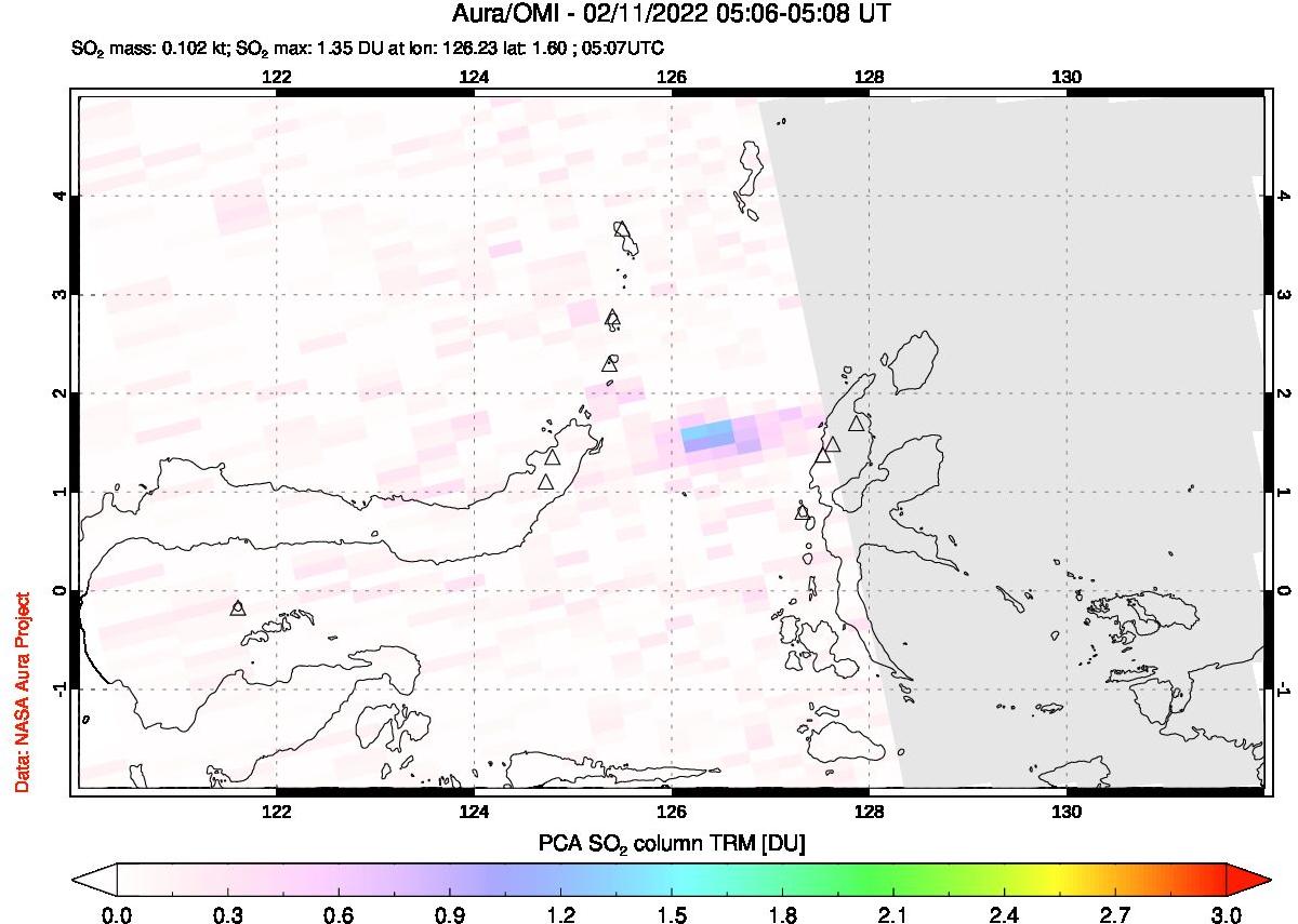 A sulfur dioxide image over Northern Sulawesi & Halmahera, Indonesia on Feb 11, 2022.
