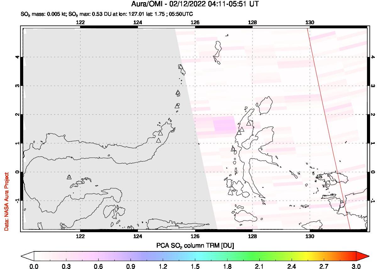 A sulfur dioxide image over Northern Sulawesi & Halmahera, Indonesia on Feb 12, 2022.