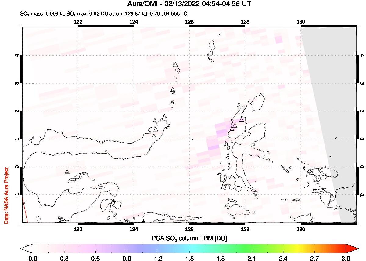 A sulfur dioxide image over Northern Sulawesi & Halmahera, Indonesia on Feb 13, 2022.