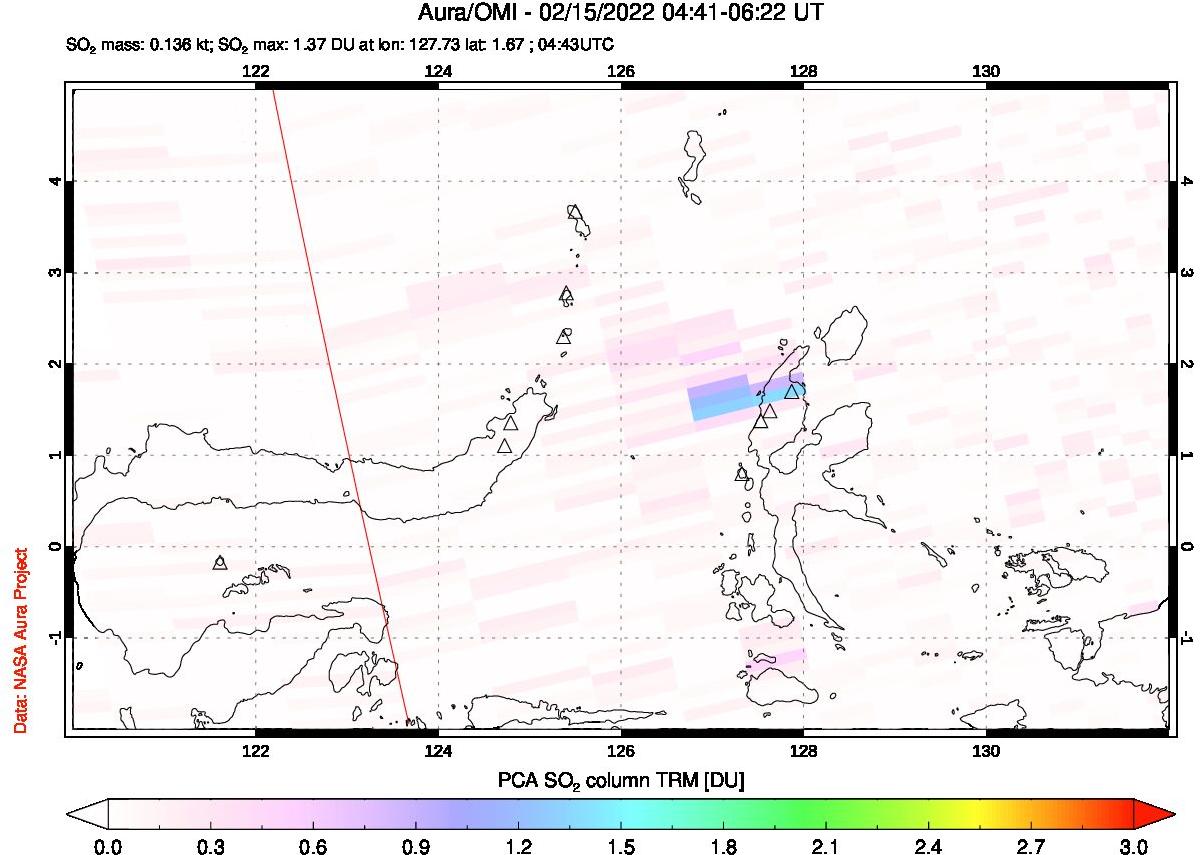 A sulfur dioxide image over Northern Sulawesi & Halmahera, Indonesia on Feb 15, 2022.