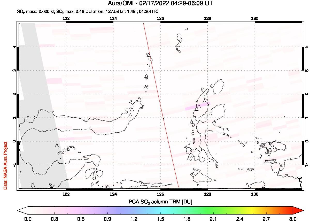 A sulfur dioxide image over Northern Sulawesi & Halmahera, Indonesia on Feb 17, 2022.