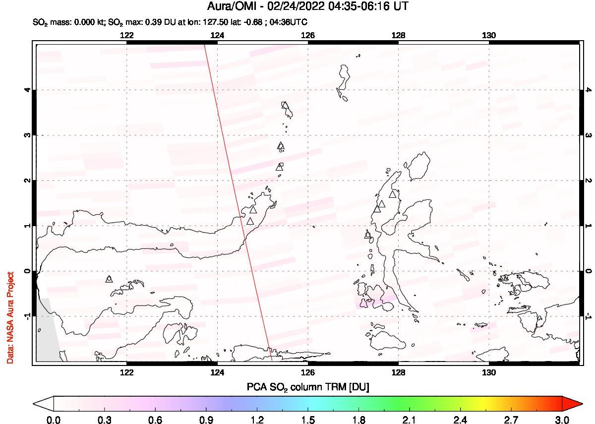 A sulfur dioxide image over Northern Sulawesi & Halmahera, Indonesia on Feb 24, 2022.