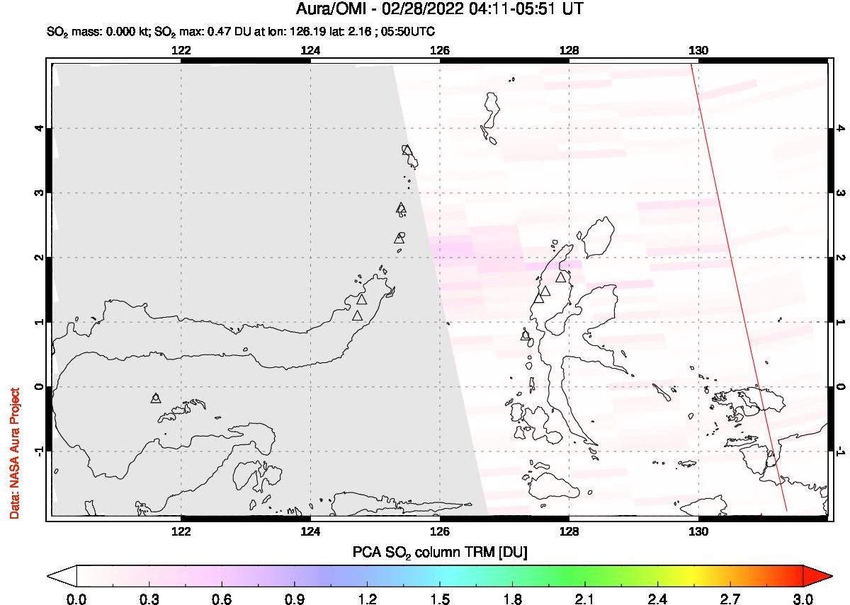 A sulfur dioxide image over Northern Sulawesi & Halmahera, Indonesia on Feb 28, 2022.