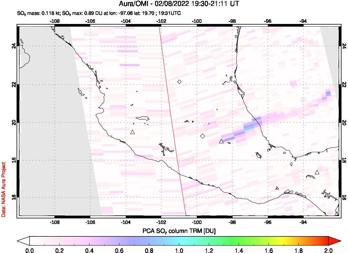A sulfur dioxide image over Mexico on Feb 08, 2022.