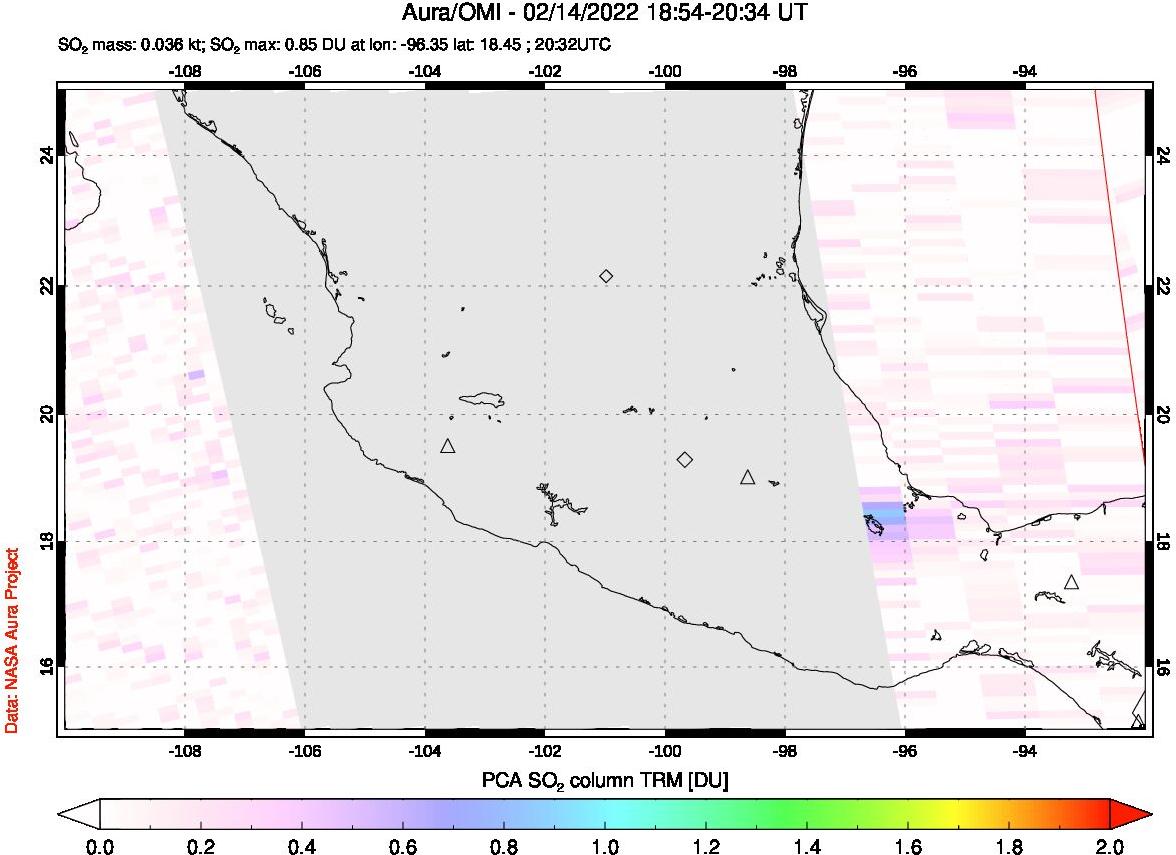 A sulfur dioxide image over Mexico on Feb 14, 2022.
