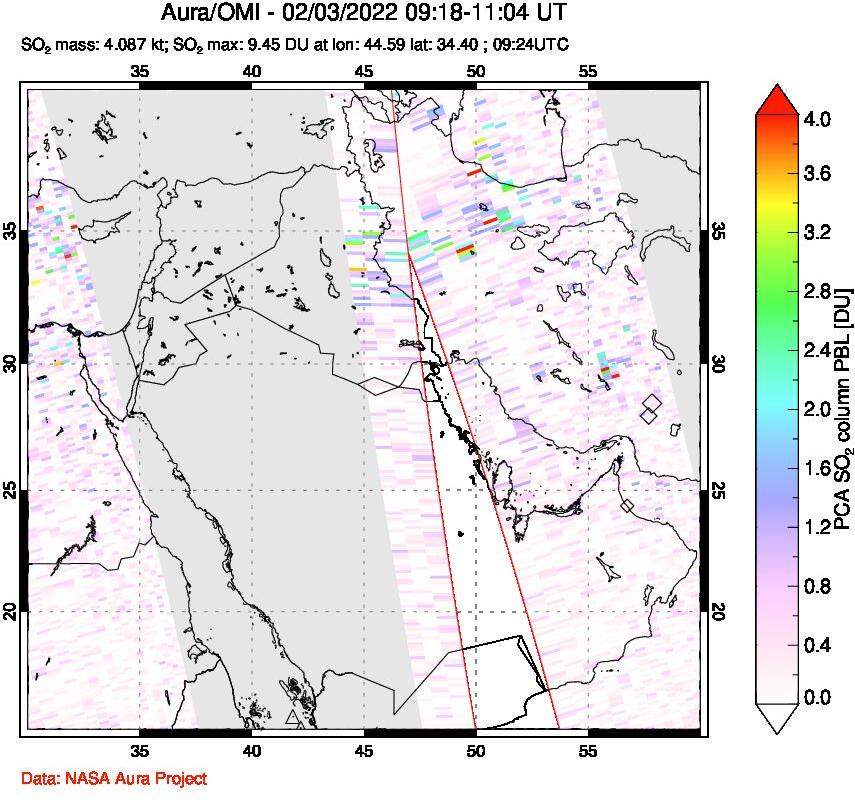 A sulfur dioxide image over Middle East on Feb 03, 2022.