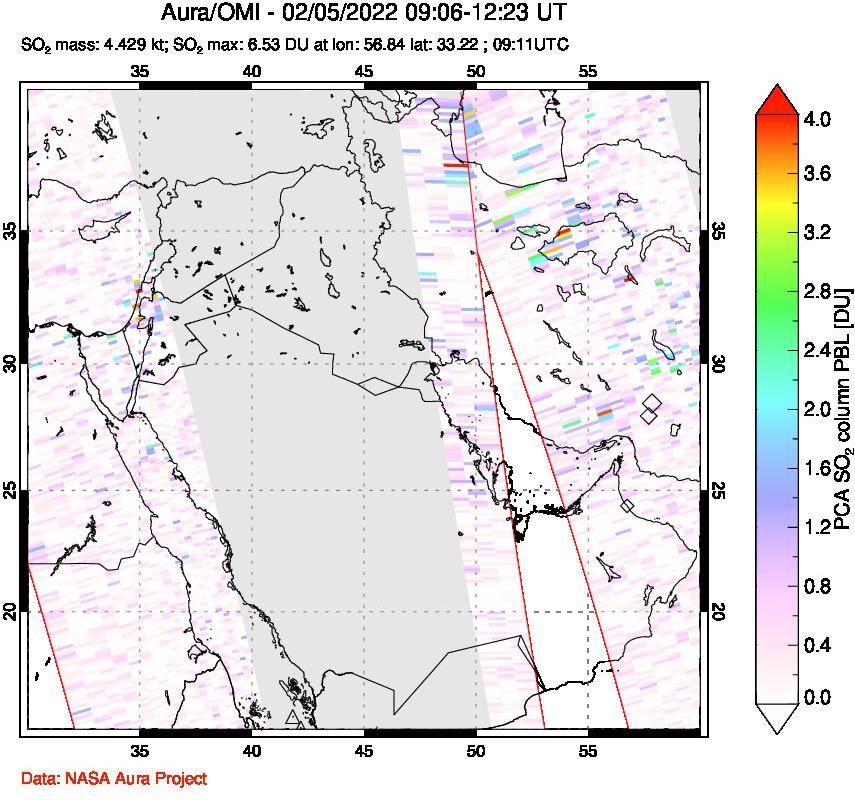 A sulfur dioxide image over Middle East on Feb 05, 2022.