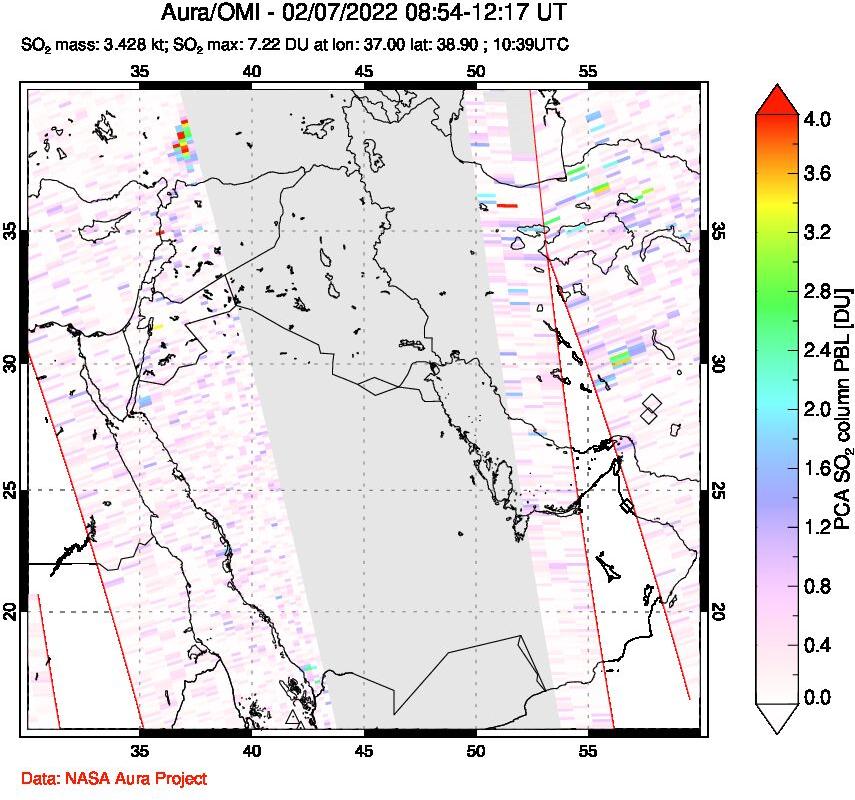 A sulfur dioxide image over Middle East on Feb 07, 2022.