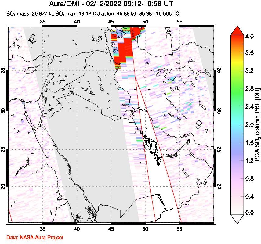 A sulfur dioxide image over Middle East on Feb 12, 2022.