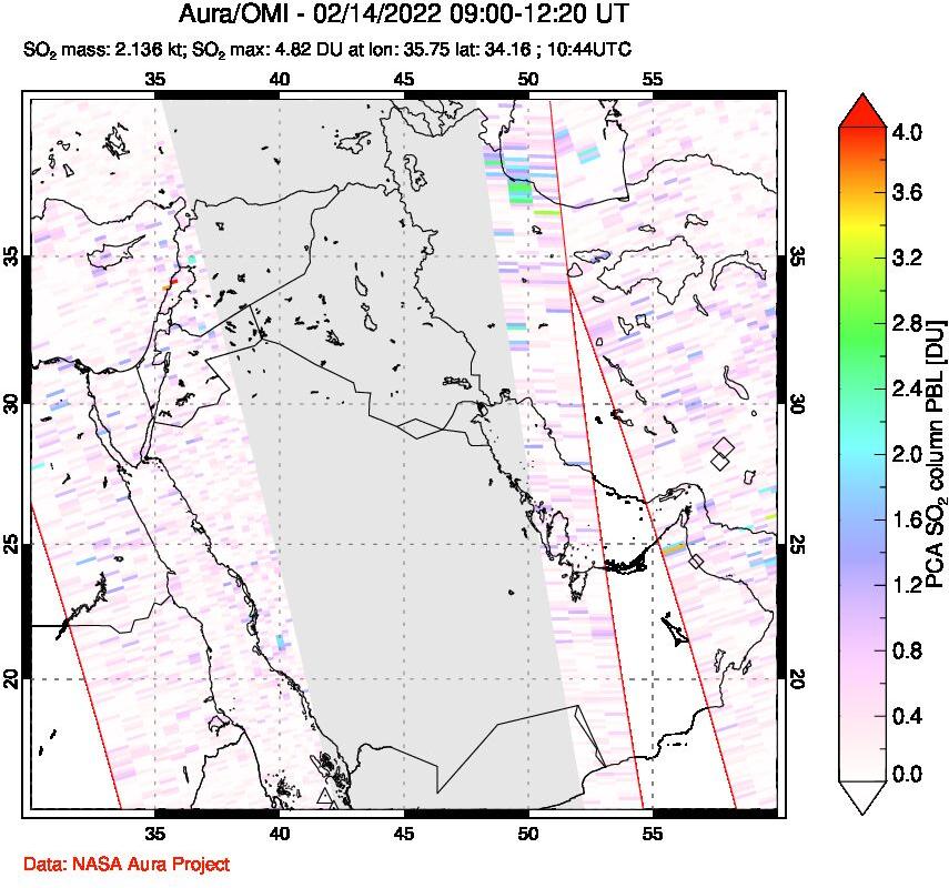A sulfur dioxide image over Middle East on Feb 14, 2022.