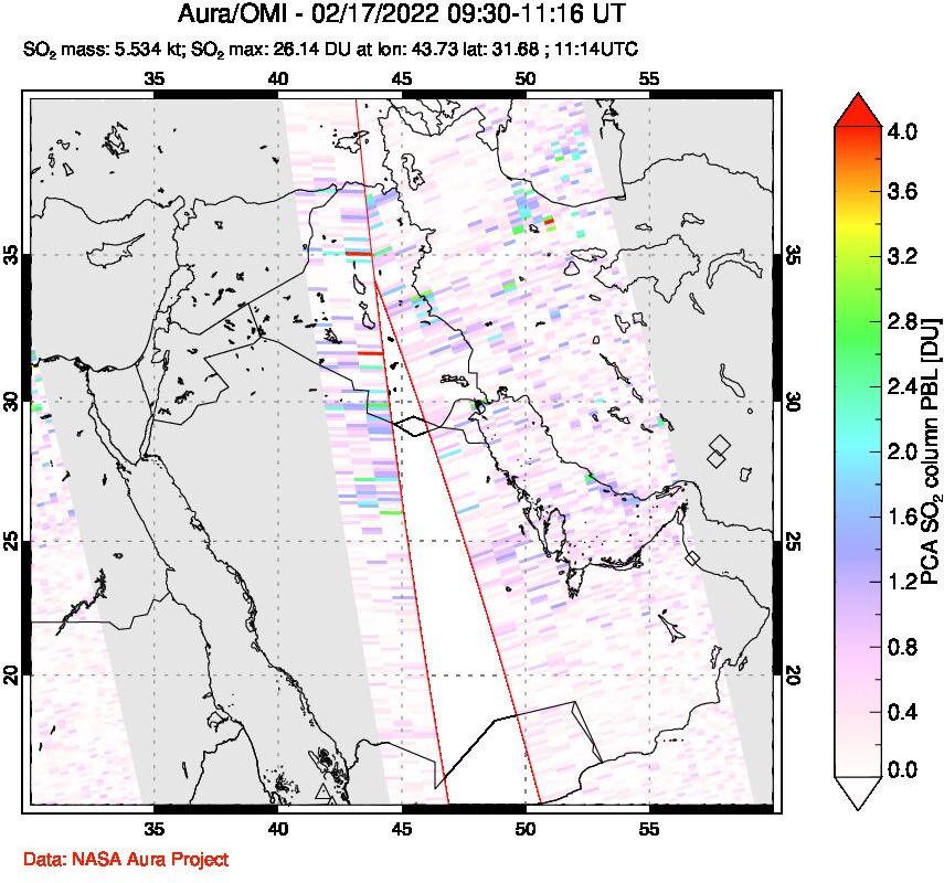 A sulfur dioxide image over Middle East on Feb 17, 2022.
