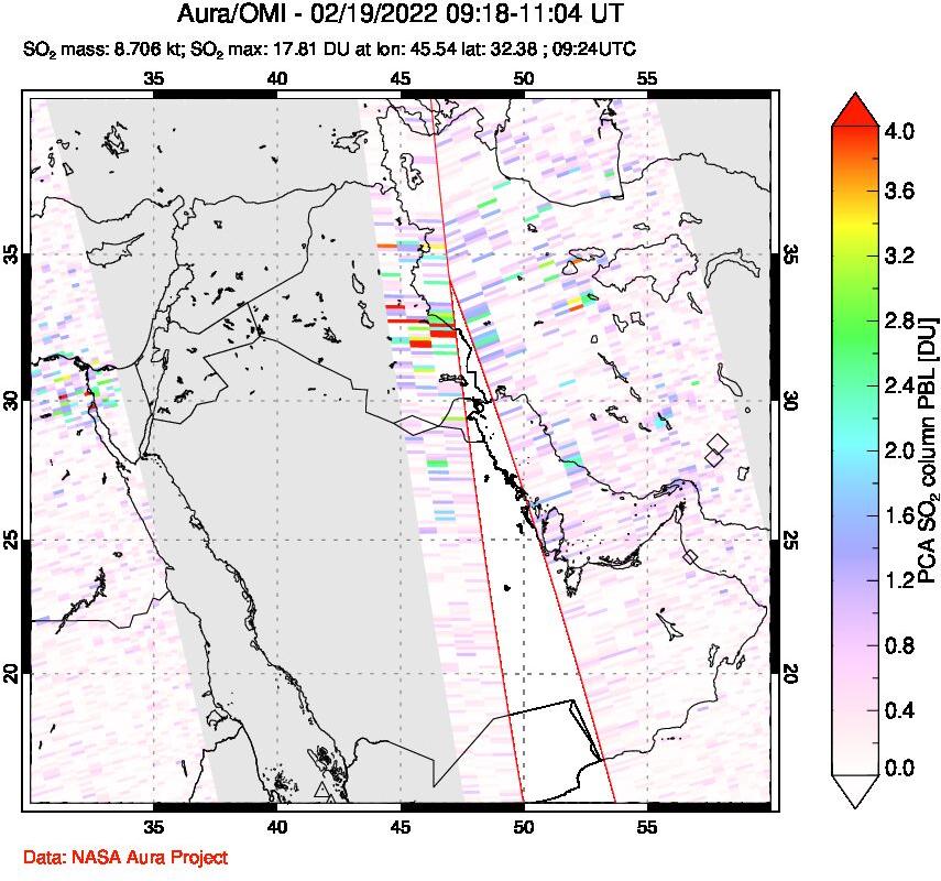 A sulfur dioxide image over Middle East on Feb 19, 2022.