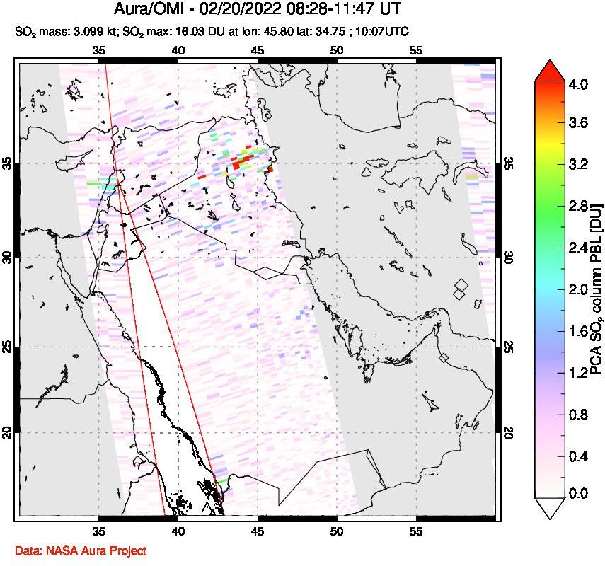A sulfur dioxide image over Middle East on Feb 20, 2022.
