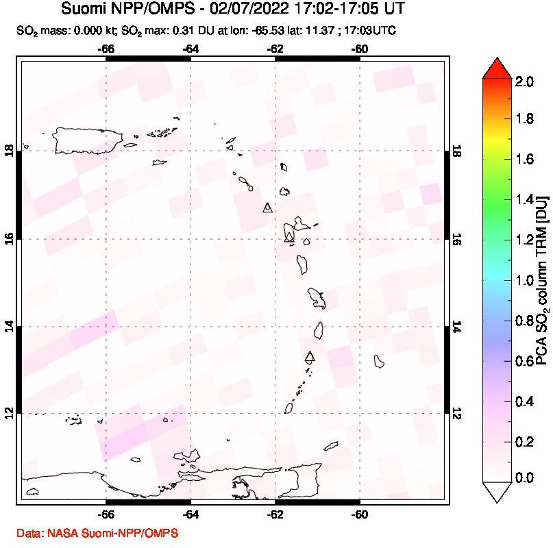 A sulfur dioxide image over Montserrat, West Indies on Feb 07, 2022.