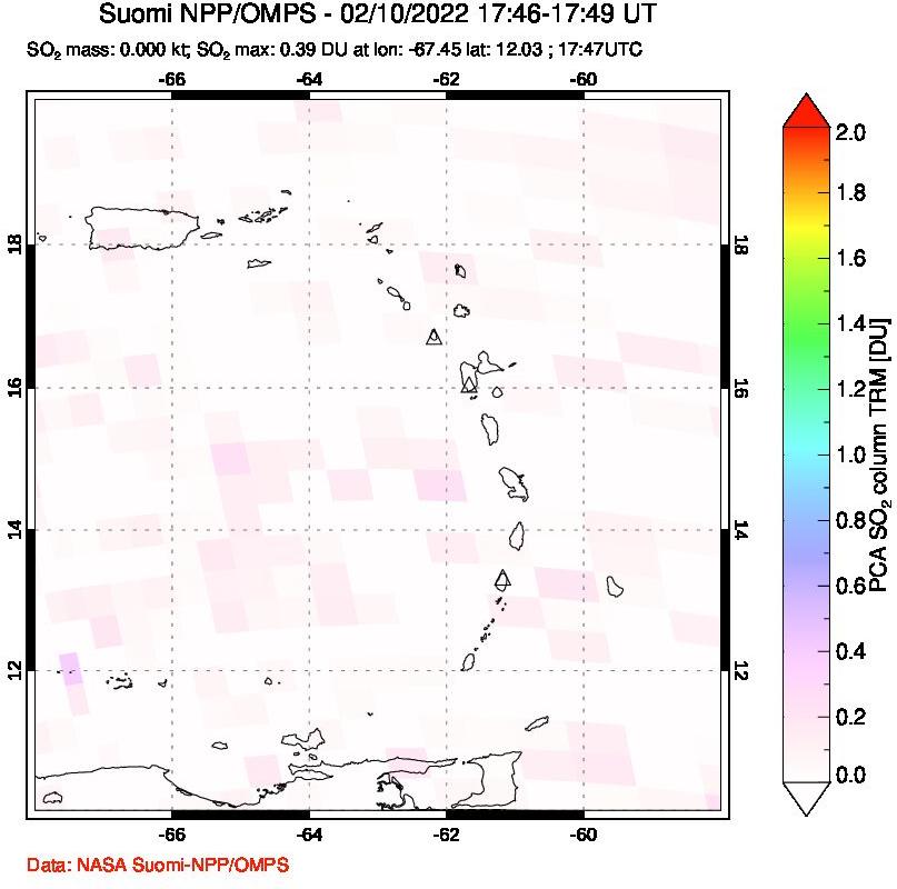A sulfur dioxide image over Montserrat, West Indies on Feb 10, 2022.