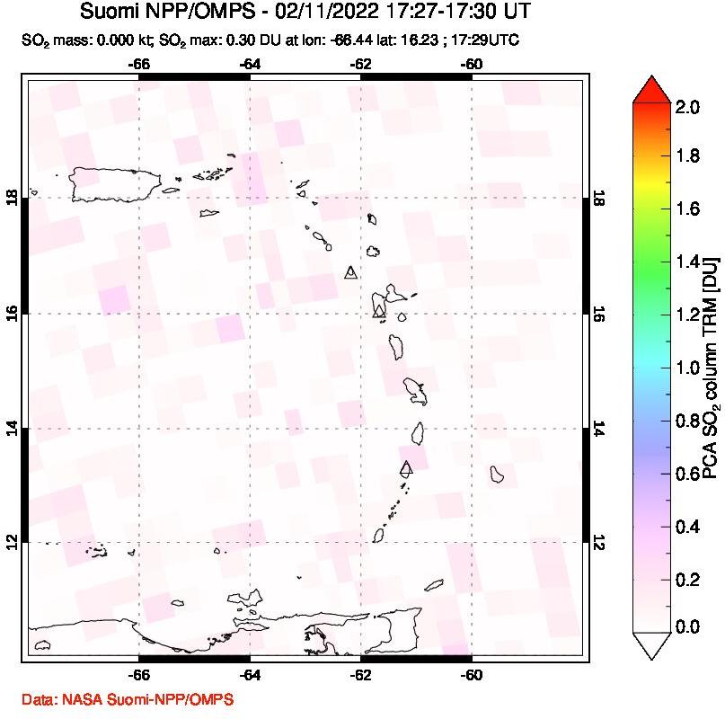 A sulfur dioxide image over Montserrat, West Indies on Feb 11, 2022.