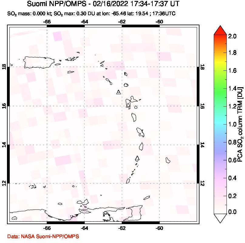 A sulfur dioxide image over Montserrat, West Indies on Feb 16, 2022.