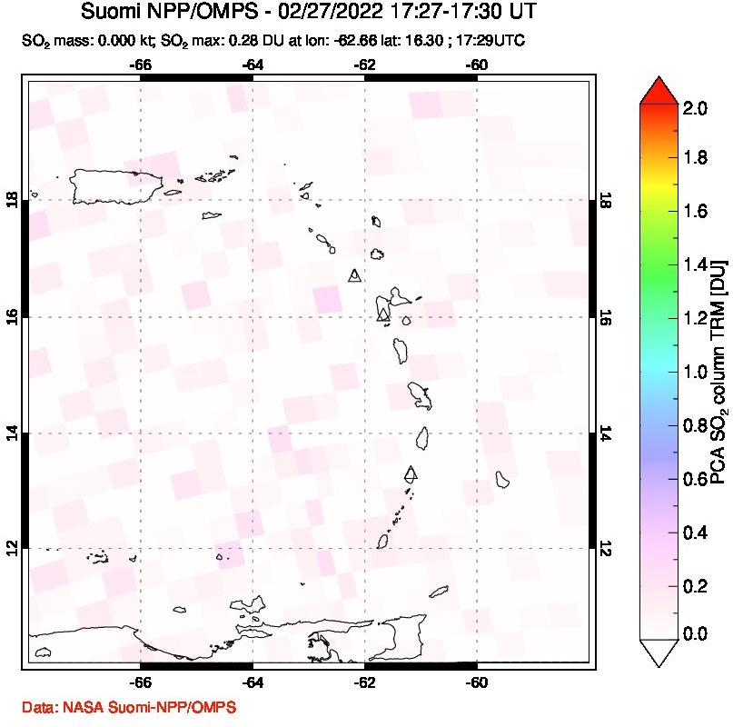 A sulfur dioxide image over Montserrat, West Indies on Feb 27, 2022.