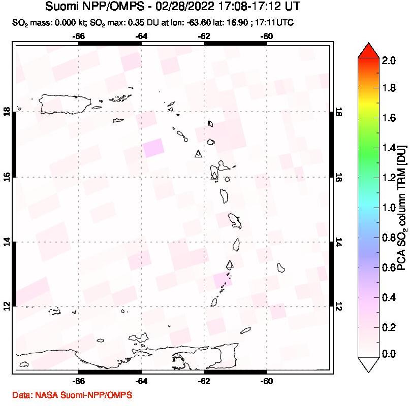 A sulfur dioxide image over Montserrat, West Indies on Feb 28, 2022.