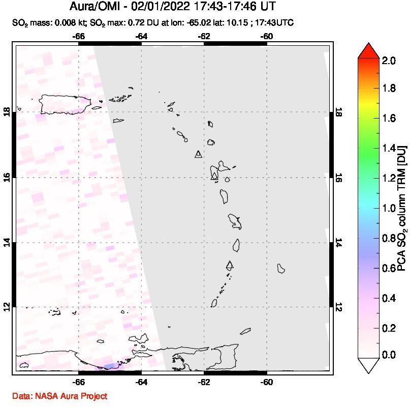 A sulfur dioxide image over Montserrat, West Indies on Feb 01, 2022.