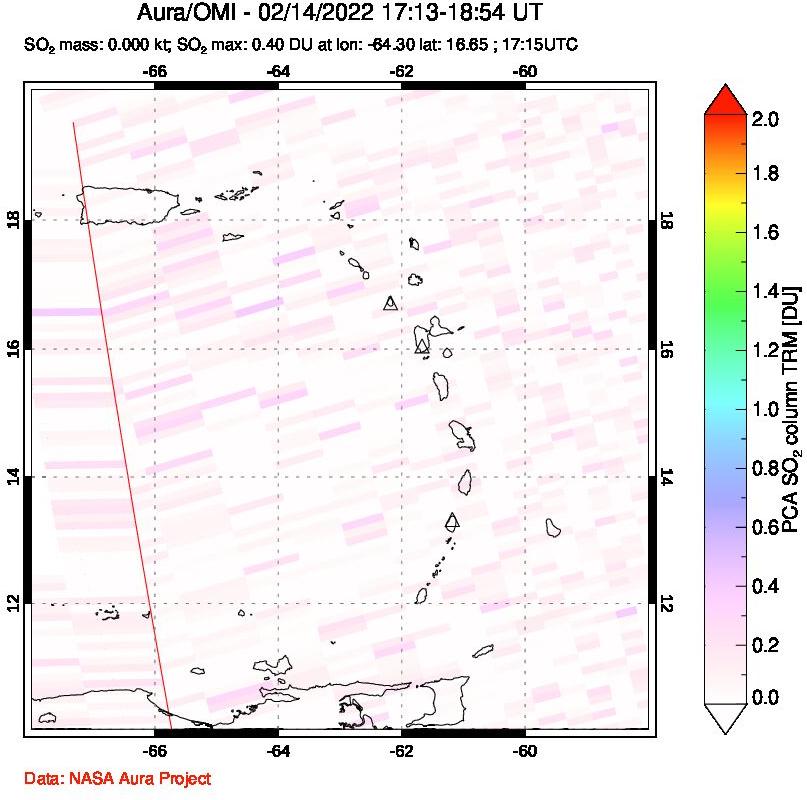 A sulfur dioxide image over Montserrat, West Indies on Feb 14, 2022.