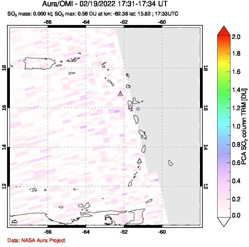 A sulfur dioxide image over Montserrat, West Indies on Feb 19, 2022.