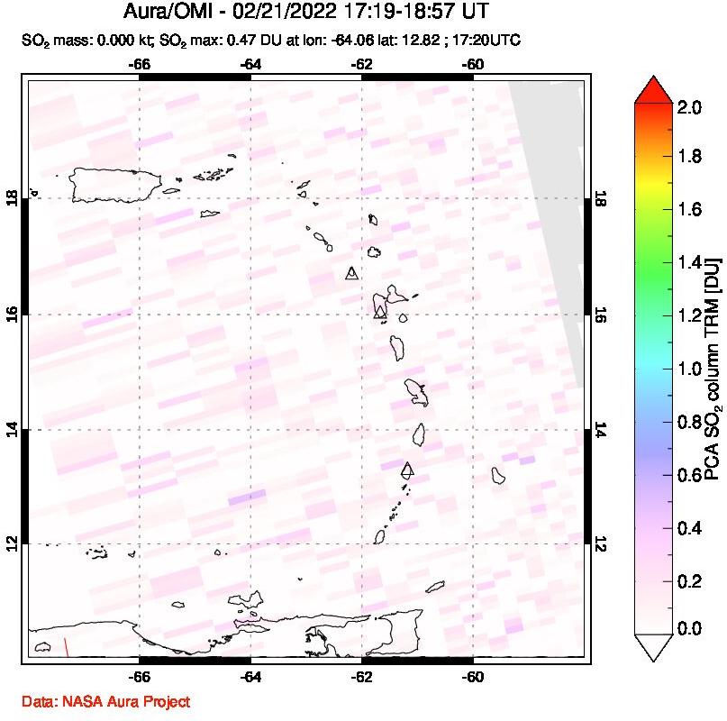 A sulfur dioxide image over Montserrat, West Indies on Feb 21, 2022.