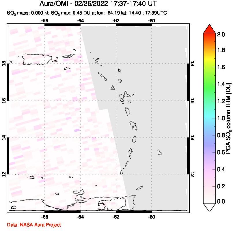 A sulfur dioxide image over Montserrat, West Indies on Feb 26, 2022.