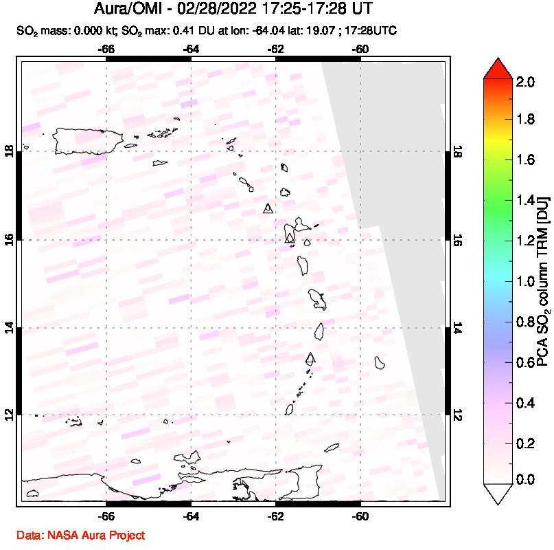 A sulfur dioxide image over Montserrat, West Indies on Feb 28, 2022.